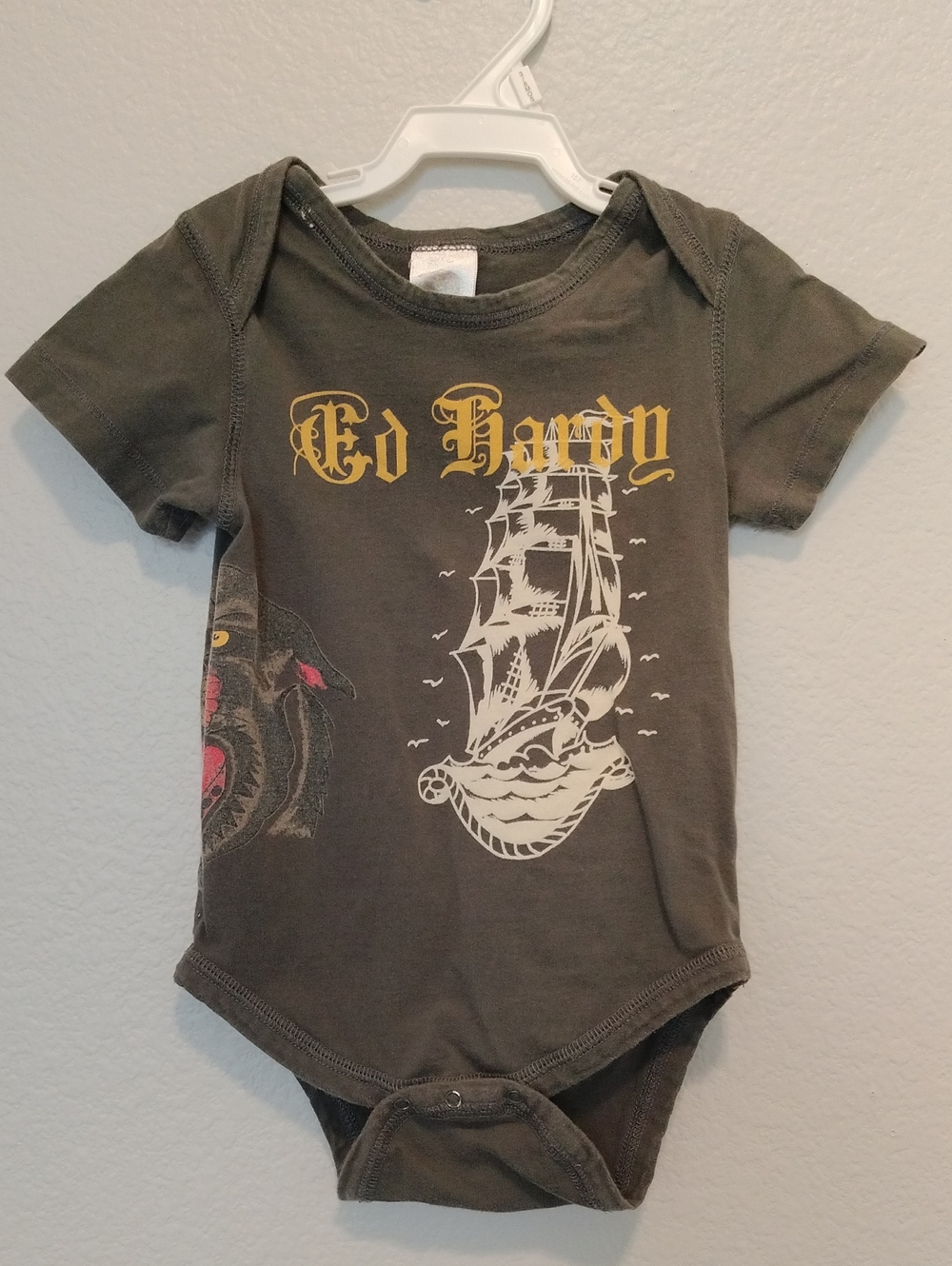 Ed Hardy Olive Green Graphic Baby Onesie / Bodysuit with Yellow Logo